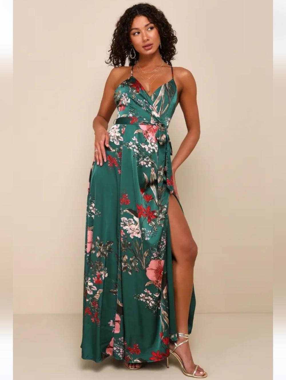 Lulu's Emerald Green Floral Wrap Maxi Dress with Pink & Red Accents - Picture 4 of 12